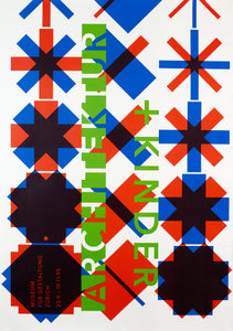 A poster by Peter Fray with overlapping geometric patterns in red, blue and green. 