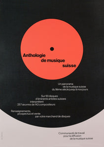 A poster by Josef Müller-Brockmann showing a red an black record with zigzagging text. 