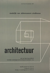 A poster by Wim Crouwel for an exhibition on designer Gerrit Rietveld. The image has a gray background and white lines forming a geometric pattern.