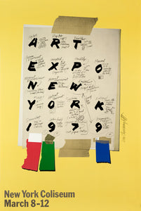 A poster by Ivan Chermayeff for Art Expo shows a photograph of a design mock up on a yellow background. 